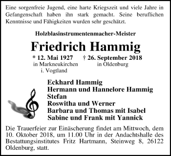 Traueranzeige von Friedrich Hammig von Nordwest-Zeitung