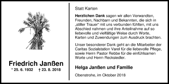 Traueranzeige von Friedrich  Janßen von Nordwest-Zeitung