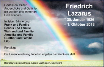 Traueranzeige von Friedrich Lazarus von Nordwest-Zeitung