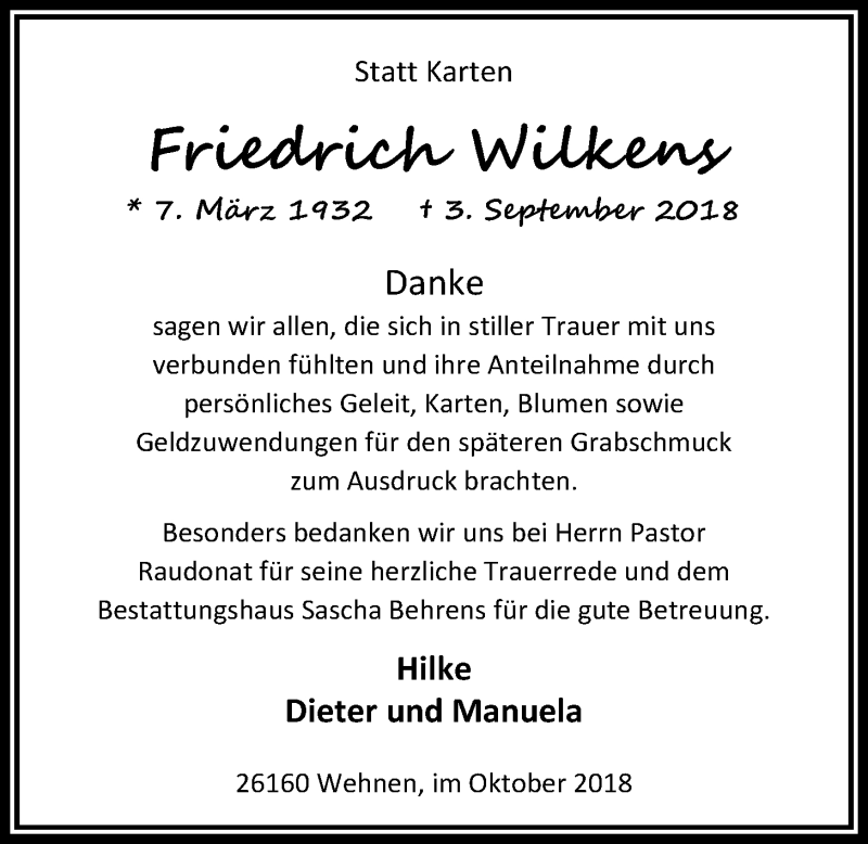  Traueranzeige für Friedrich Wilkens vom 27.10.2018 aus Nordwest-Zeitung