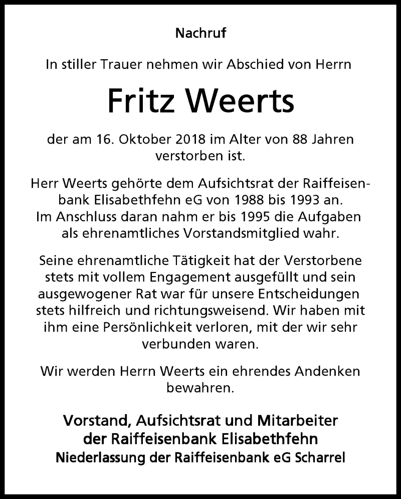  Traueranzeige für Fritz Weerts vom 19.10.2018 aus Nordwest-Zeitung
