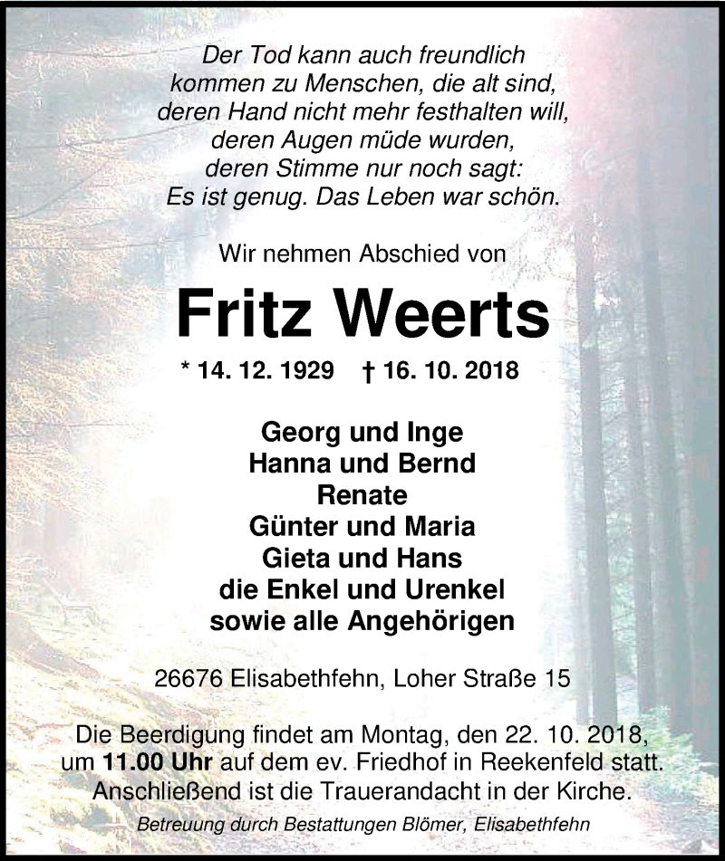  Traueranzeige für Fritz Weerts vom 17.10.2018 aus Nordwest-Zeitung