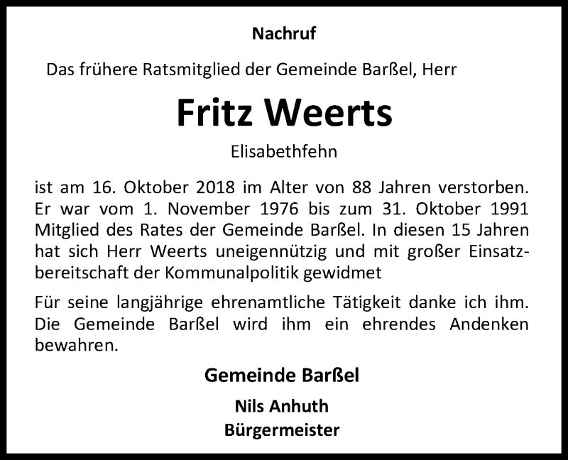  Traueranzeige für Fritz Weerts vom 18.10.2018 aus Nordwest-Zeitung