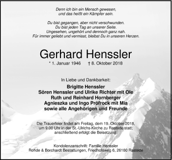 Traueranzeige von Gerhard Henssler von Nordwest-Zeitung