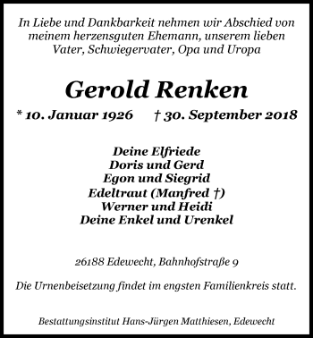 Traueranzeige von Gerold Renken von Nordwest-Zeitung