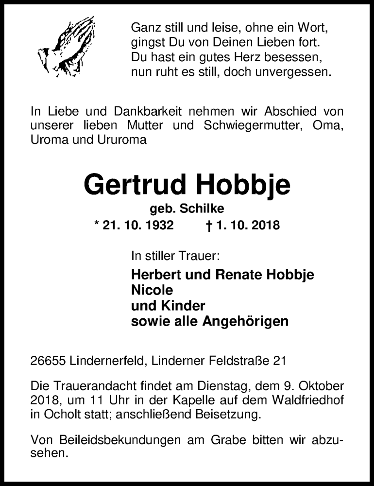  Traueranzeige für Gertrud Hobbje vom 04.10.2018 aus Nordwest-Zeitung