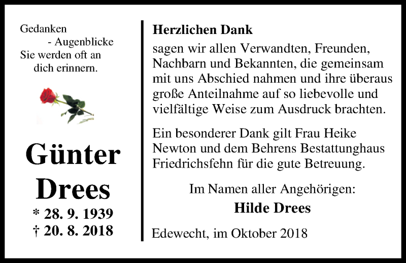  Traueranzeige für Günter Drees vom 06.10.2018 aus Nordwest-Zeitung