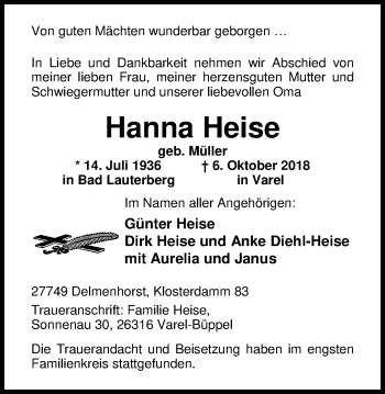 Traueranzeige von Hanna Heise von Nordwest-Zeitung