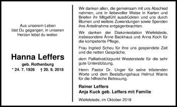 Traueranzeige von Hanna Leffers von Nordwest-Zeitung