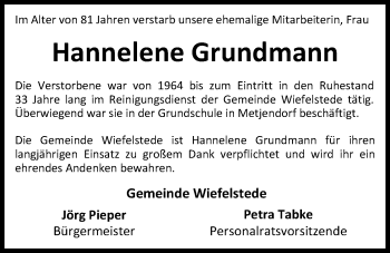Traueranzeige von Hannelene Grundmann von Nordwest-Zeitung