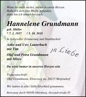 Traueranzeige von Hannelene Grundmann von Nordwest-Zeitung