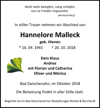 Traueranzeige von Hannelore Malleck von Nordwest-Zeitung