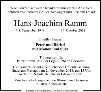 Traueranzeige von Hans-Joachim Ramm von Nordwest-Zeitung