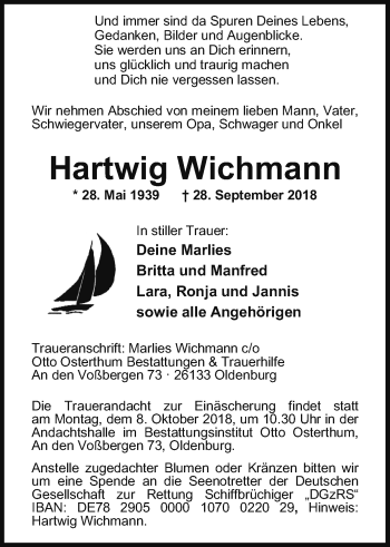 Traueranzeige von Hartwig Wichmann von Nordwest-Zeitung