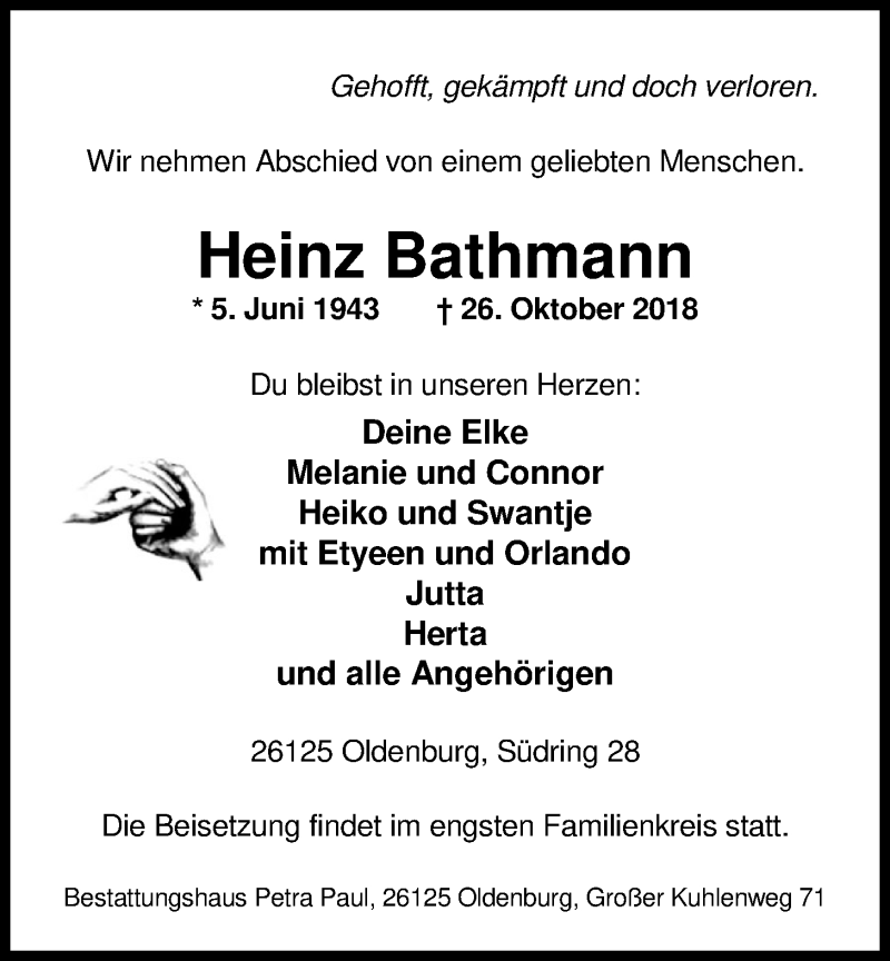  Traueranzeige für Heinz Bathmann vom 30.10.2018 aus Nordwest-Zeitung