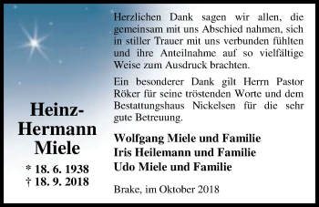 Traueranzeige von Heinz-Hermann Miele von Nordwest-Zeitung