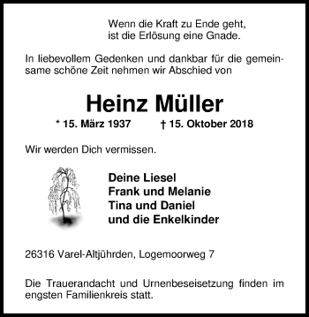 Traueranzeige von Heinz Müller von Nordwest-Zeitung