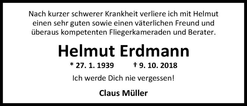  Traueranzeige für Helmut Erdmann vom 11.10.2018 aus Nordwest-Zeitung