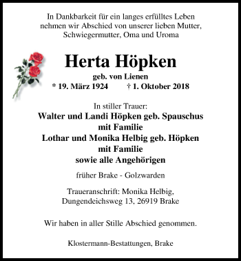 Traueranzeige von Herta Höpken von Nordwest-Zeitung