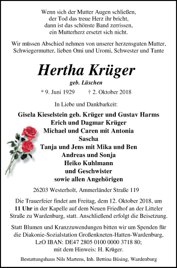 Traueranzeige von Hertha Krüger von Nordwest-Zeitung