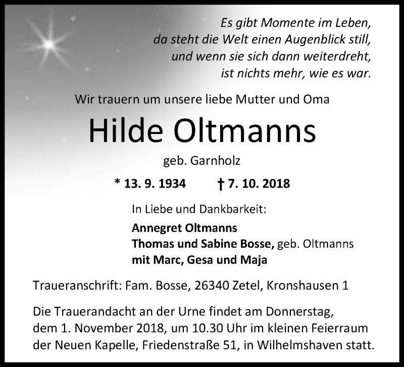  Traueranzeige für Hilde Oltmanns vom 20.10.2018 aus Nordwest-Zeitung