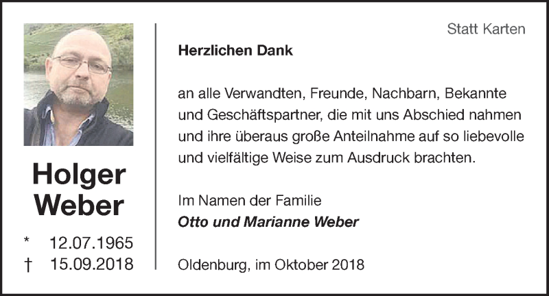  Traueranzeige für Holger Weber vom 20.10.2018 aus Nordwest-Zeitung