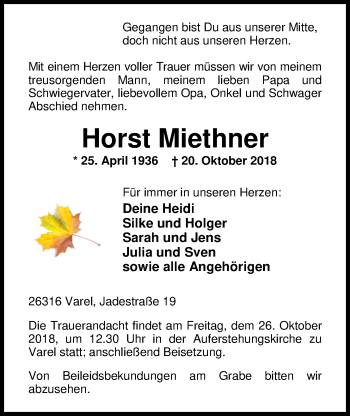 Traueranzeige von Horst Miethner von Nordwest-Zeitung