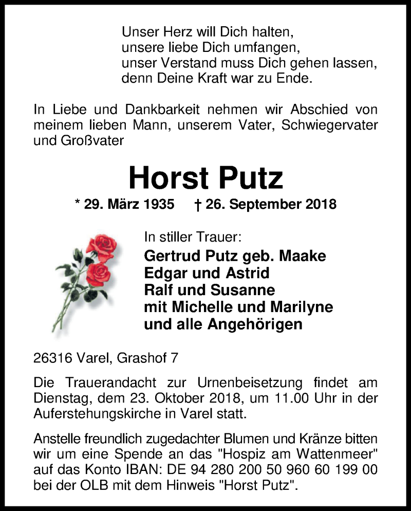  Traueranzeige für Horst Putz vom 18.10.2018 aus Nordwest-Zeitung