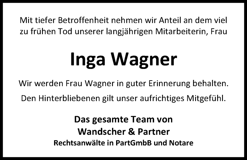  Traueranzeige für Inga Wagner vom 20.10.2018 aus Nordwest-Zeitung