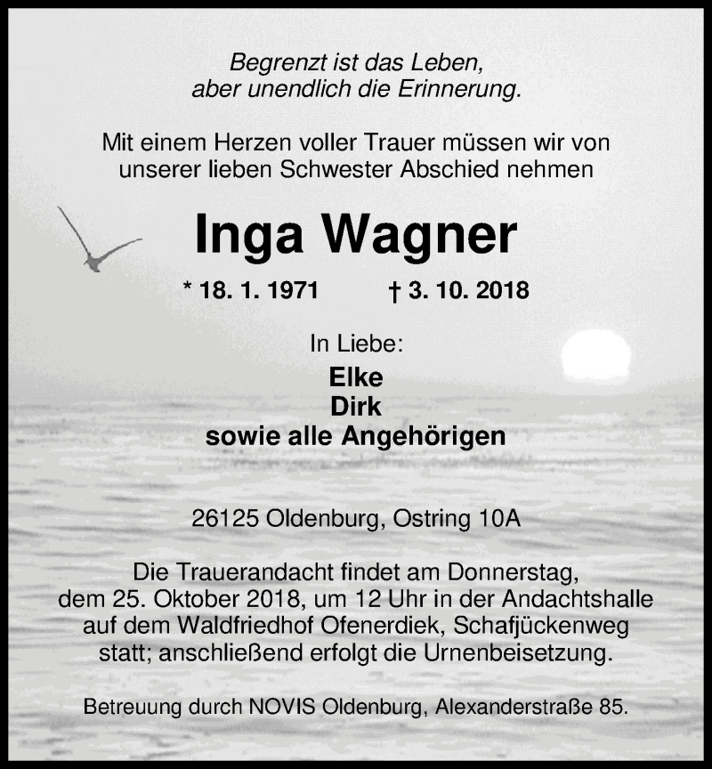  Traueranzeige für Inga Wagner vom 20.10.2018 aus Nordwest-Zeitung