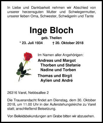 Traueranzeige von Inge Bloch von Nordwest-Zeitung