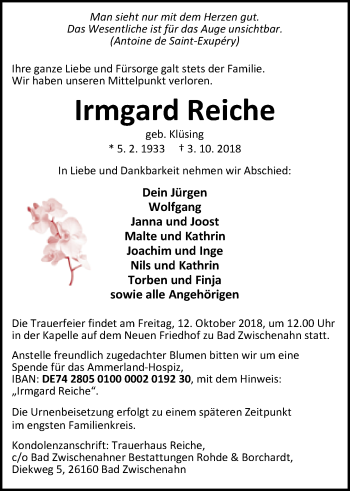 Traueranzeige von Irmgard Reiche von Nordwest-Zeitung