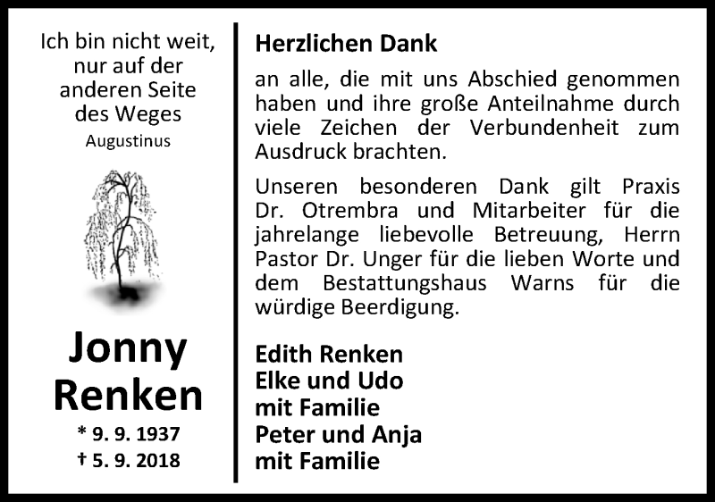  Traueranzeige für Jonny Renken vom 26.10.2018 aus Nordwest-Zeitung