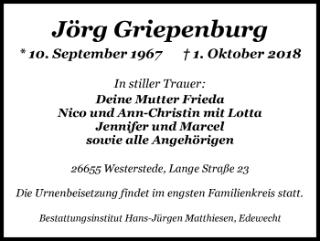 Traueranzeige von Jörg Griepenburg von Nordwest-Zeitung