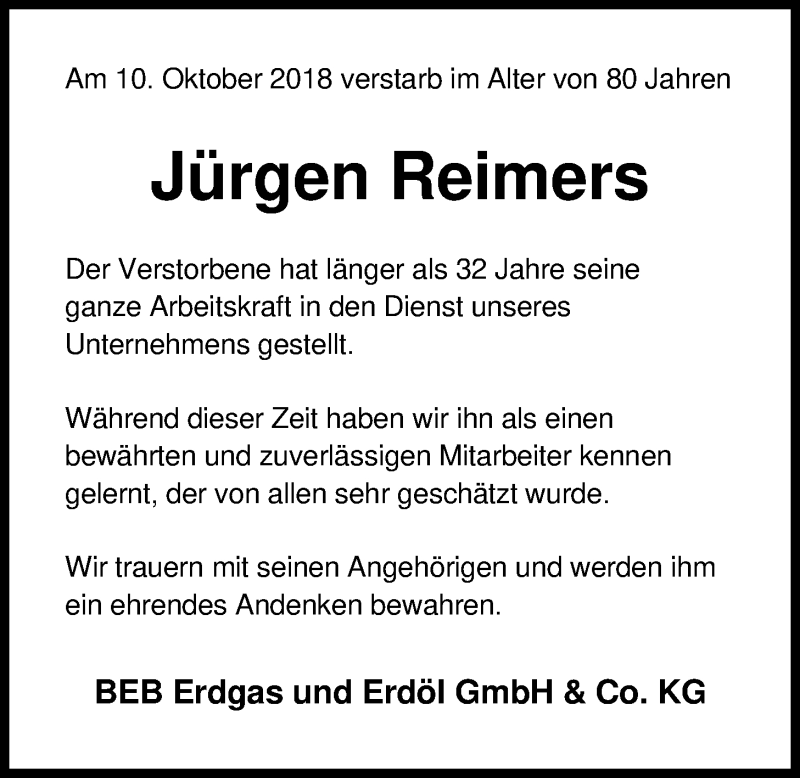  Traueranzeige für Jürgen Reimers vom 20.10.2018 aus Nordwest-Zeitung