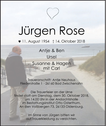 Traueranzeige von Jürgen Rose von Nordwest-Zeitung