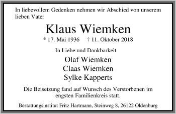 Traueranzeige von Klaus Wiemken von Nordwest-Zeitung
