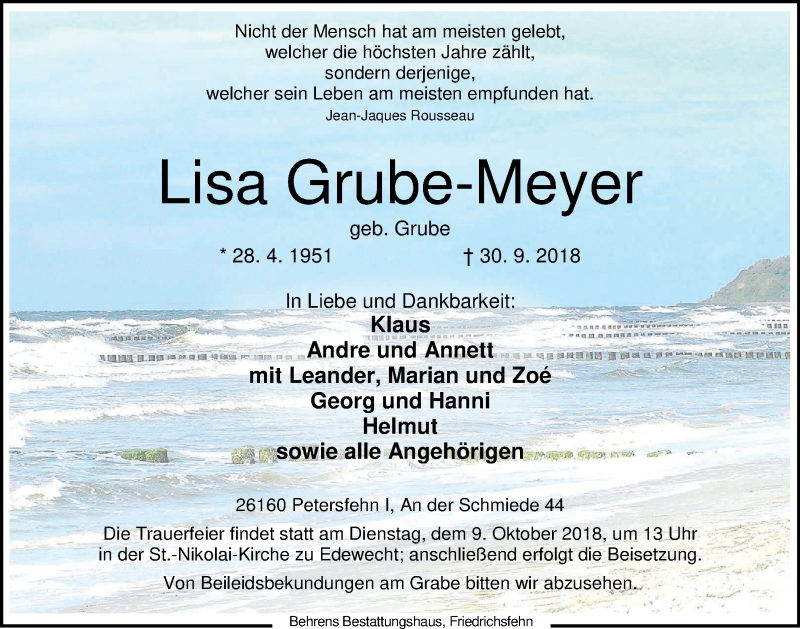  Traueranzeige für Lisa Grube-Meyer vom 04.10.2018 aus Nordwest-Zeitung