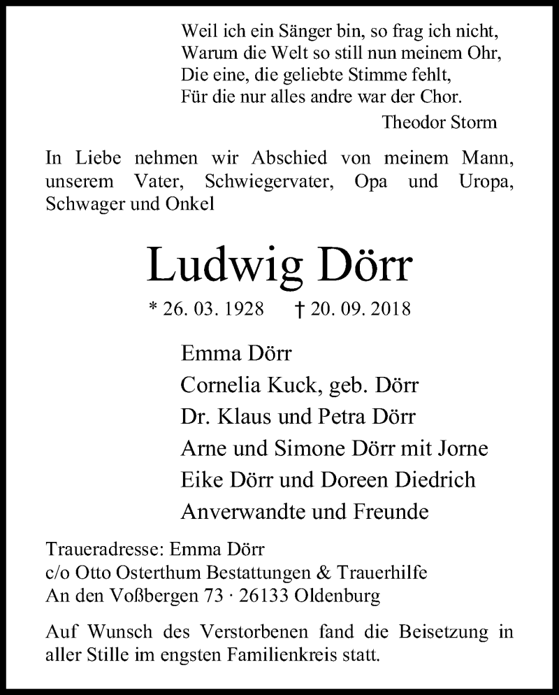  Traueranzeige für Ludwig Dörr vom 06.10.2018 aus Nordwest-Zeitung
