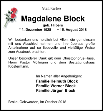 Traueranzeige von Magdalene Block von Nordwest-Zeitung