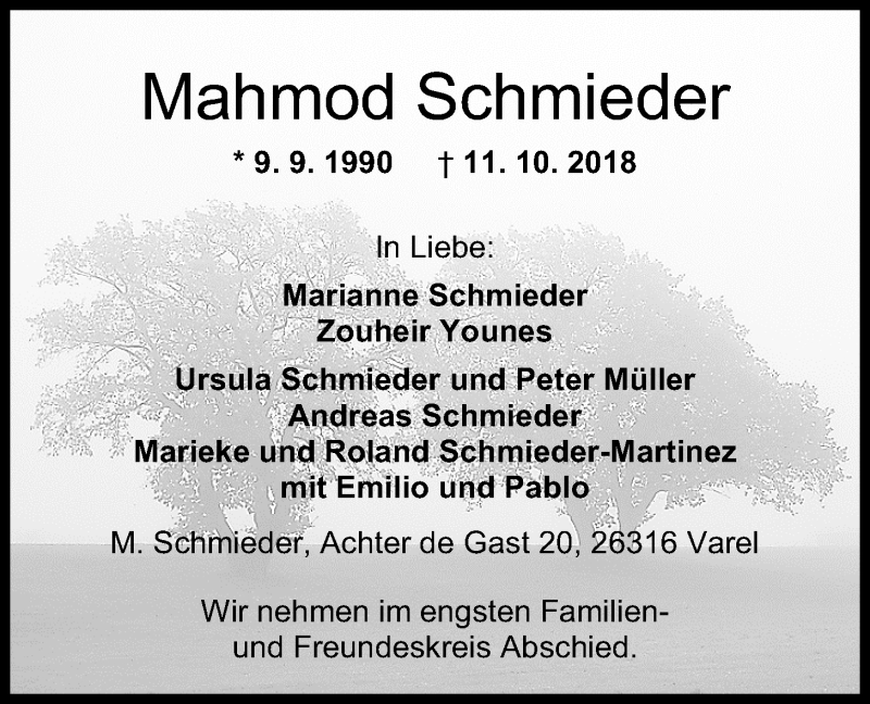  Traueranzeige für Mahmod Schmieder vom 17.10.2018 aus Nordwest-Zeitung