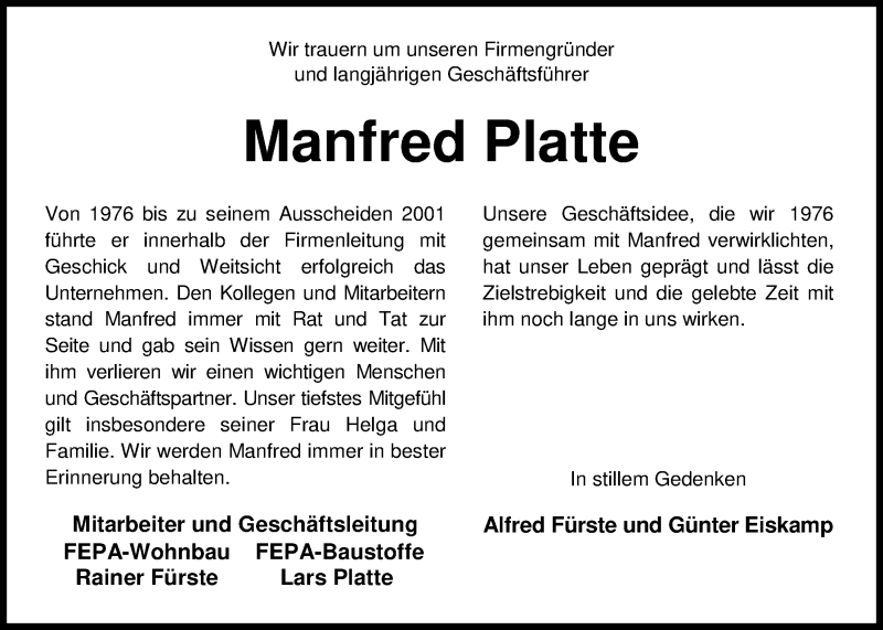  Traueranzeige für Manfred Platte vom 10.10.2018 aus Nordwest-Zeitung