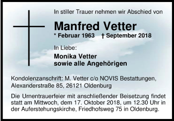 Traueranzeige von Manfred Vetter von Nordwest-Zeitung