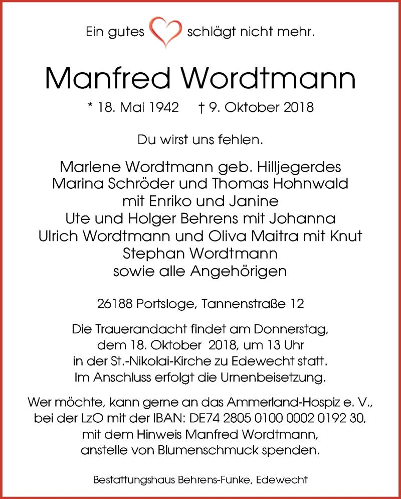  Traueranzeige für Manfred Wordtmann vom 13.10.2018 aus Nordwest-Zeitung