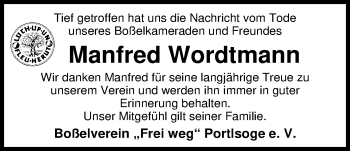 Traueranzeige von Manfred Wordtmann von Nordwest-Zeitung