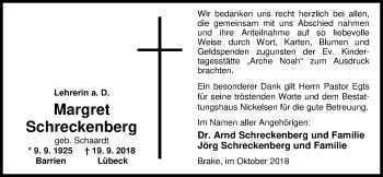 Traueranzeige von Margret Schreckenberg von Nordwest-Zeitung