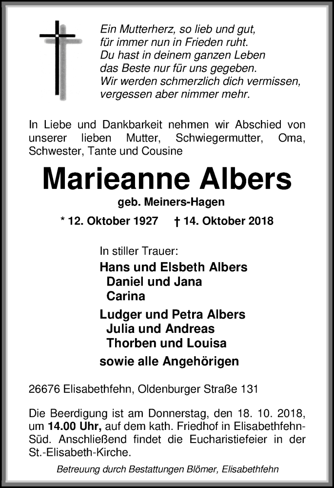  Traueranzeige für Marieanne Albers vom 16.10.2018 aus Nordwest-Zeitung