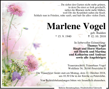 Traueranzeige von Marlene Vogel von Nordwest-Zeitung