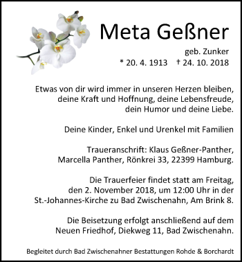 Traueranzeige von Meta Geßner von Nordwest-Zeitung