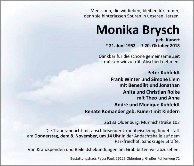  Traueranzeige für Monika Brysch vom 27.10.2018 aus Nordwest-Zeitung